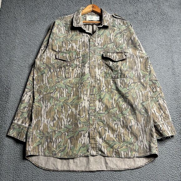 Vintage Mossy Oak Green Leaf Tree Bark Camo Button Up Shirt Mens XL USA Made - Picture 1 of 16